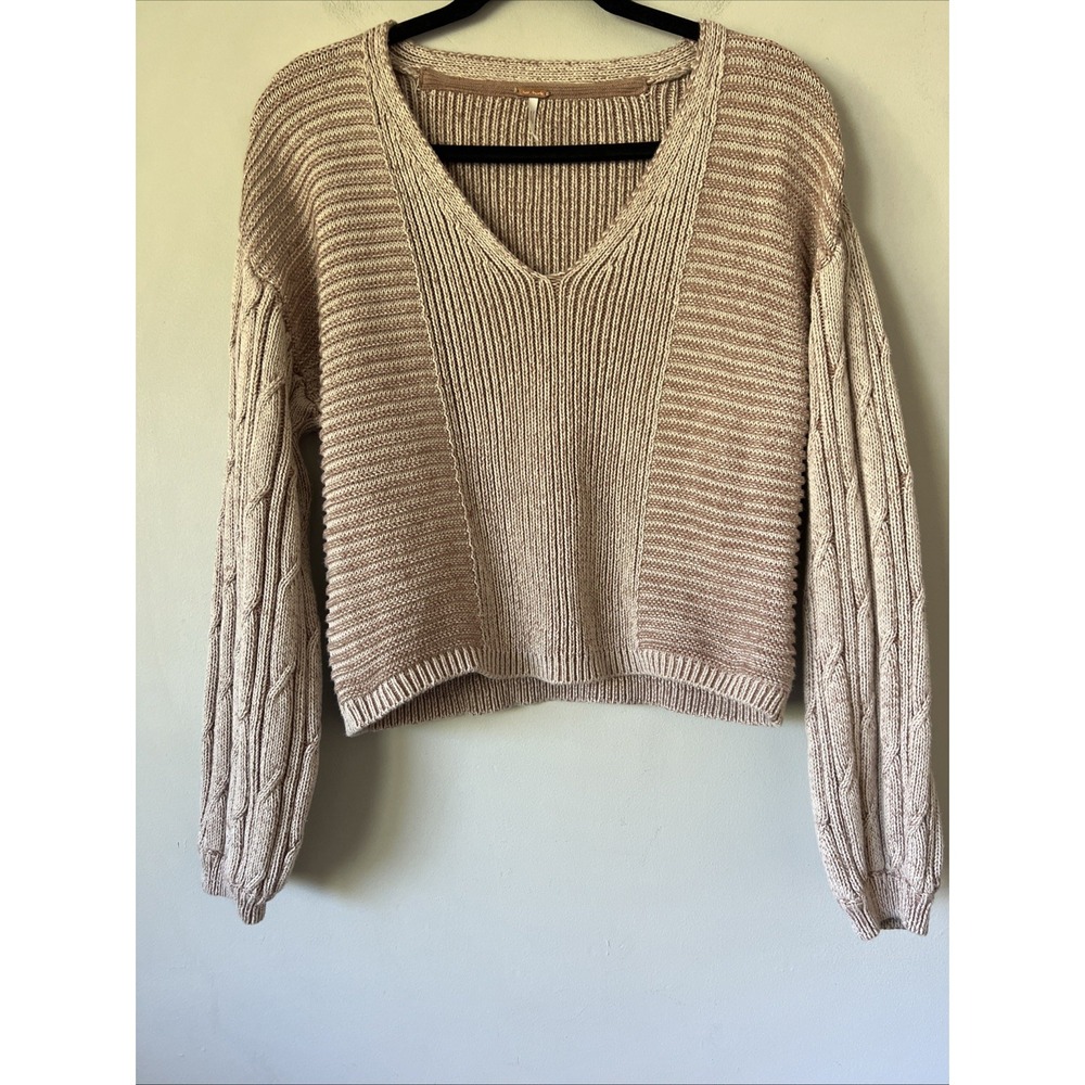 Free People When It Rains V Neck Sweater Size M Toast Beige Cable Knit